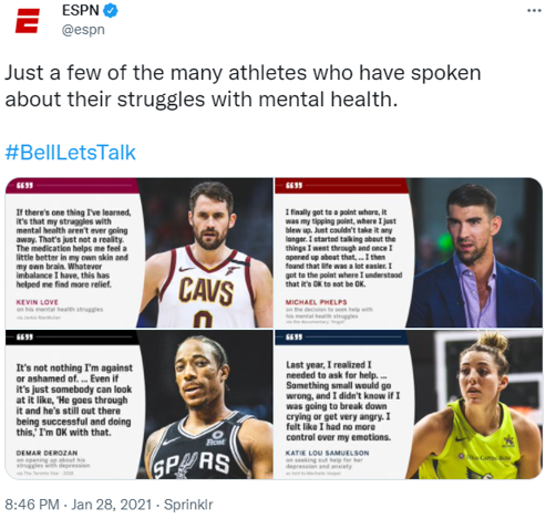 ESPN tweet regarding athletes with mental health struggles